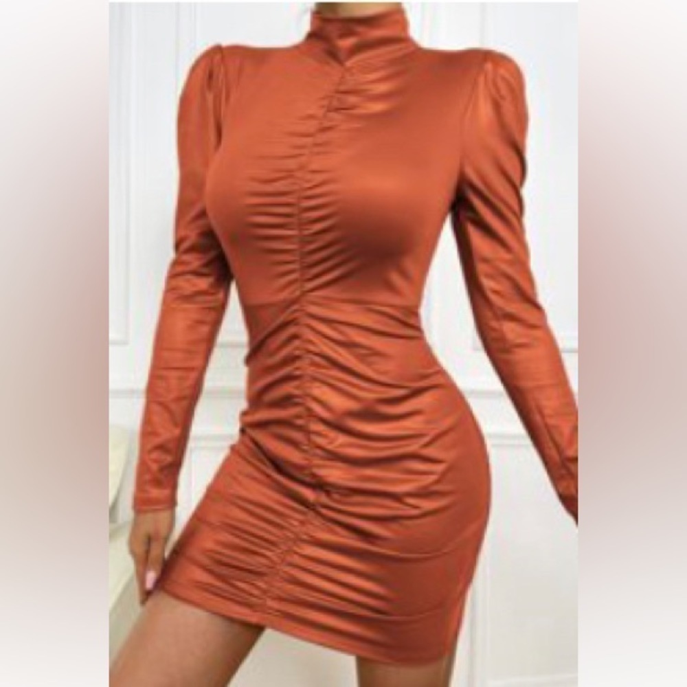 🍋 Pleather Burnt Orange Ruched Club Mini dress long sleeve high neck M